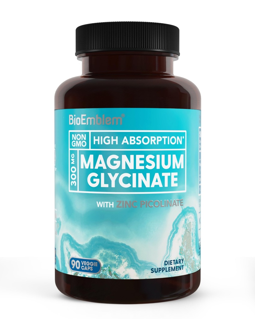 BioEmblem Magnesio Glicinato con Zinco - 300mg Chelato Magnesio Supplemento - Alta Assorbimento Vegano Non OGM 2-in-1 Complesso - Supporto Immune, Muscoli, Nervi - 90 Capsule