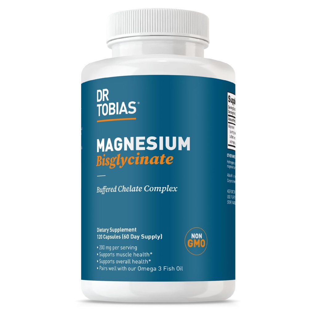 Dr. Tobias Magnesio Bisglycinate, Alto assorbimento Magnesio Buffered Chelate Complex, 200 mg per capsula, Supporta energia, Muscolo, Bone & Joint Health, Non OGM Magnesium Supplement, 120 capsule