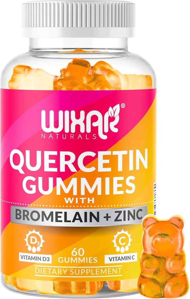 Quercetin Gummies - Quercetin 500mg con Bromelain, Zinc, Vitamina C&D3 - Quercetin Gummy Supplementi per il supporto immunitario e l'allergia - Integratore di vitamine Booster Immunity – 60 Chewable