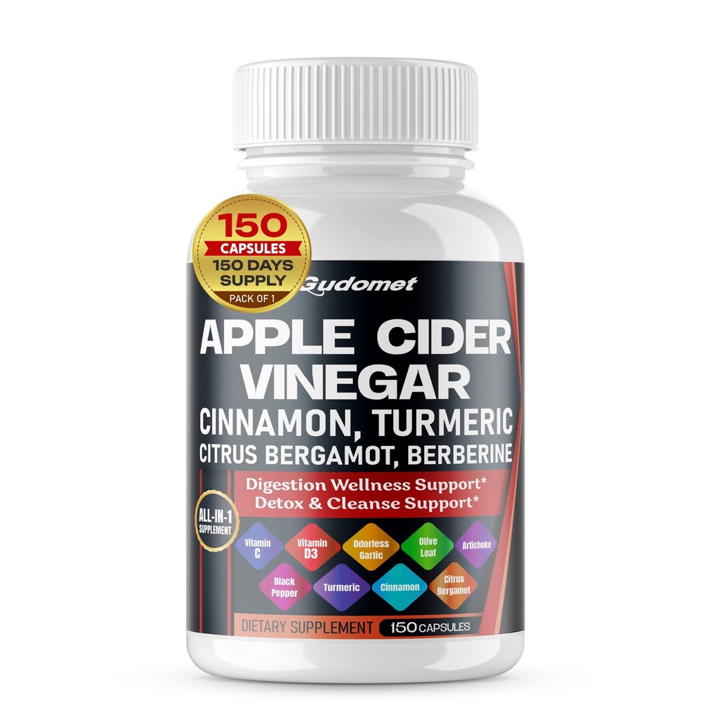 Aceto di sidro di mele Ceylon Cinnamon Turmeric Odorless Aglio Olive Leaf Artichoke Pepe Nero -150 Capsules- Made in Italy