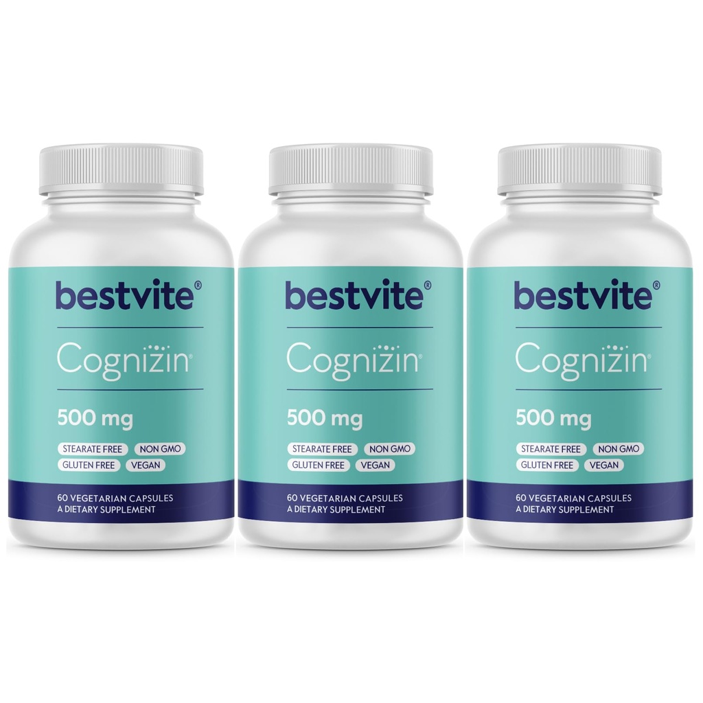 BESTVITE Cognizin Citicoline 500mg (180 capsule vegetariane) (60x3) - Studi clinici Premium Choline Nootropic - No Stearates - Vegan - Gluten Free - Brain Supplements for Memory and Focus