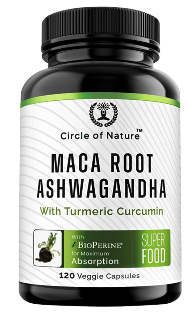 Maca Root, Estratto di radice di Ashwagandha, capsule per uomini e donne con curcumina e bioperina 120 capsule Made in USA