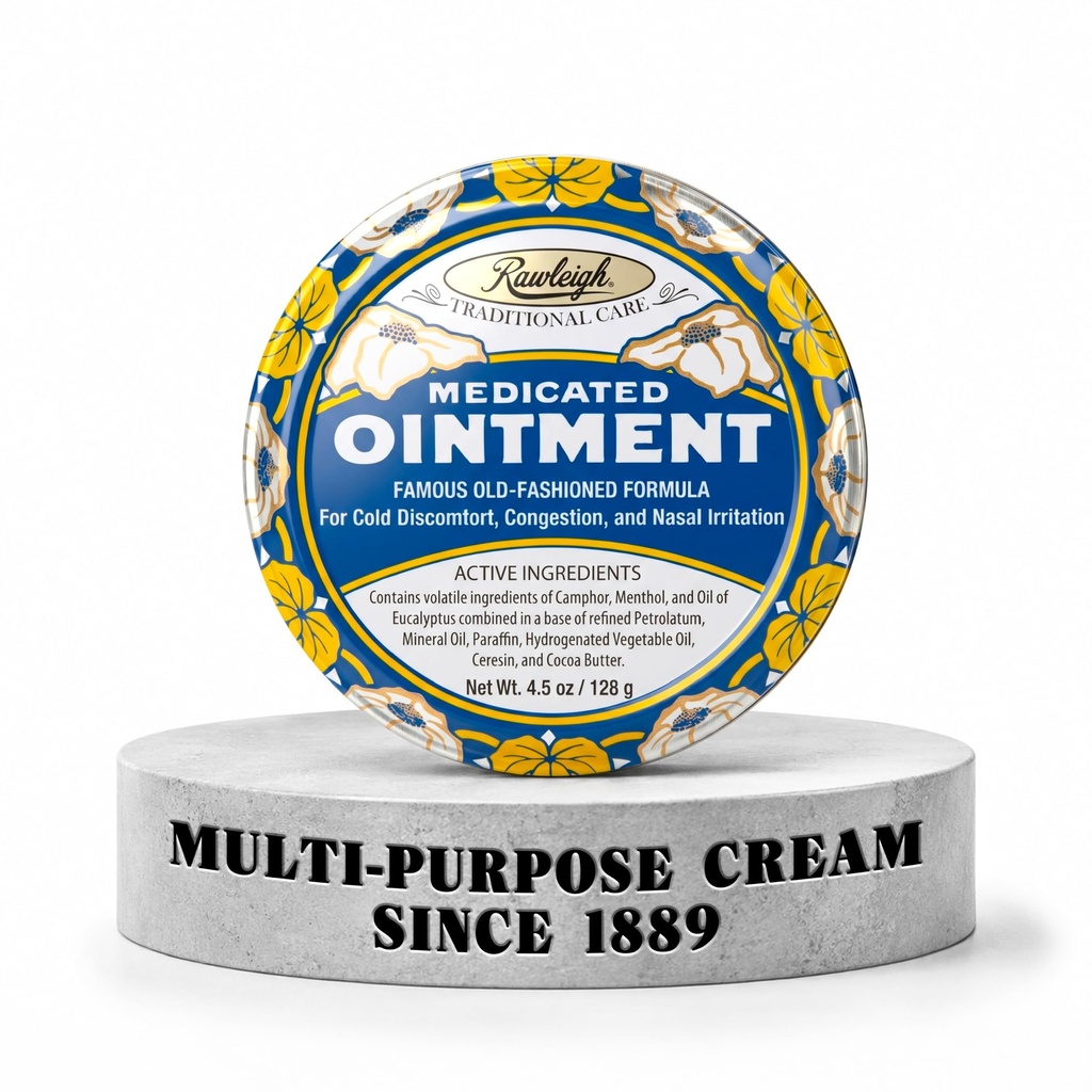 Rawleigh Medicated Ointment: 4.5 oz Blue Tin, Adults & Kids: Topical Chest Rub for Cold, Nasal Congestion, Minor Aches and Pain, with Camphor, Menthol & Eucalyptus, Non-Greasy Formula - Confezione da 1