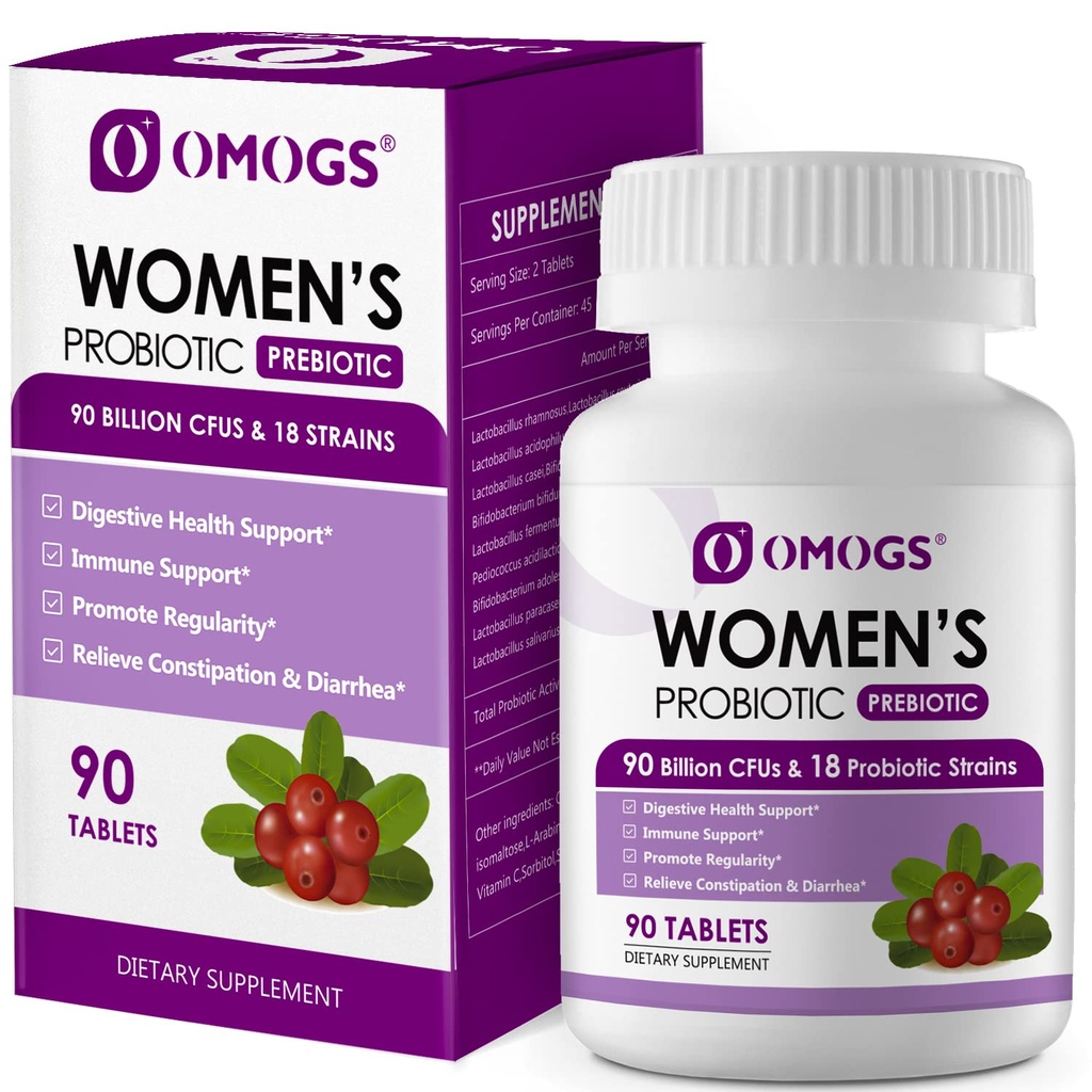 OMOGS Probiotico femminile, con estratto di mirtillo, Prebiotici organici & vitamina C, 90 miliardi di CFU, 18 Strains, Aiuto per aumentare l'immune, Digestivo, Gut Health & Women's Health, Gluten & Soy Free,90 compresse