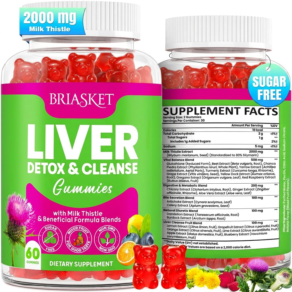 Detox Detox Cleanse & Repair, 2000 mg Milk Thistle Liver Detox, Liver Support Supplement with Glutathione, Dandelion Root, Turmeric & Artichoke, 23-in-1Herbal for Liver & Gut Health, Vegan, 60 Gummies