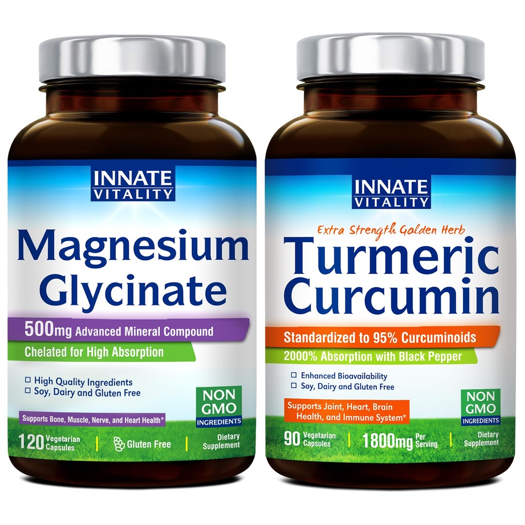 Innate Vitality Magnesium Glycinate & Turmeric Bundle, Alto assorbimento, Joint, Muscolo & Nerve Health, Black Pepper Extract, Bundle & Save, 120 Capsule & 90 Capsule