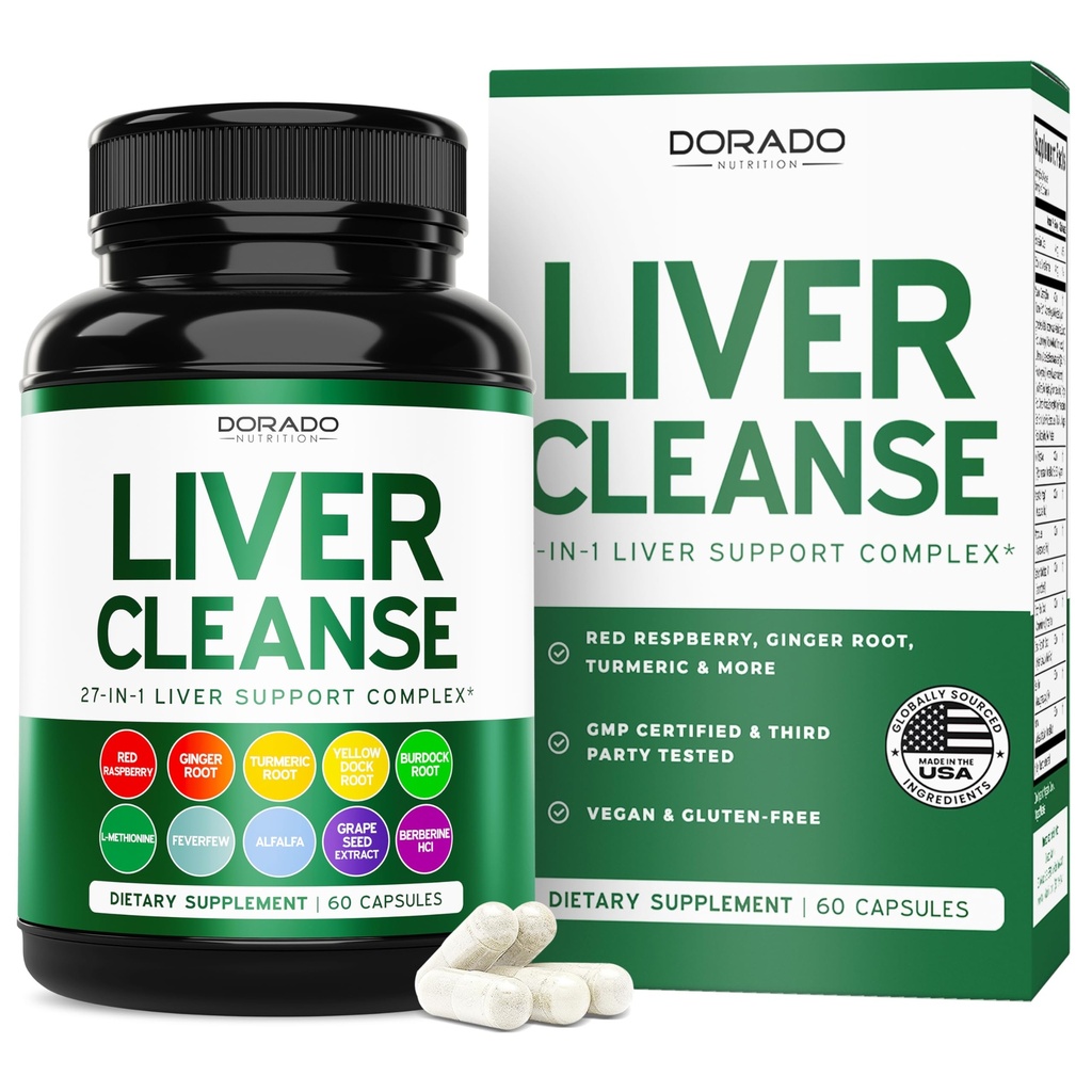Detox e riparazione del fegato (27 in 1 formula - cardo del latte, radice di dadelion, curcuma, estratto di carciofo e altro) - Detox Cleanse Supplement, supporto al fegato per adulti, Vegan - 60 capsule