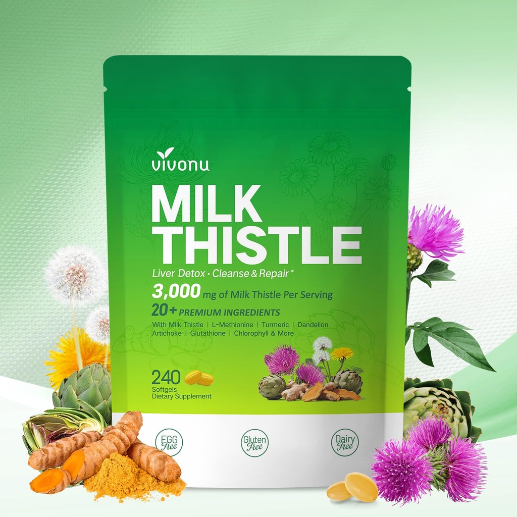 Estratto di Detox del fegato del cardo del latte, 3000mg pulizia del fegato Detox & Repair, 20-in-1 Advanced Support Complex with Milk Thistle, NAD, NAC, ALA, Dandelion,Glutathione, Artichoke, Turmeric, Più 240 Softgels