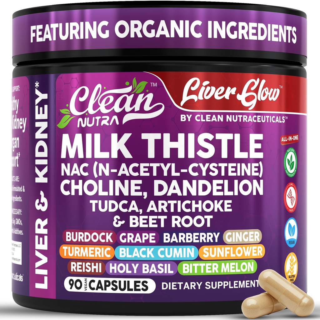 Clean Nutra Organic Milk Thistle Supplement | Liver Cleanse Detox & Repair + NAC Choline Dandelion Root TUDCA Carcioke barbabietola Burdock Sacro Basil Kidney & Liver Support 90 Vegan Capsule