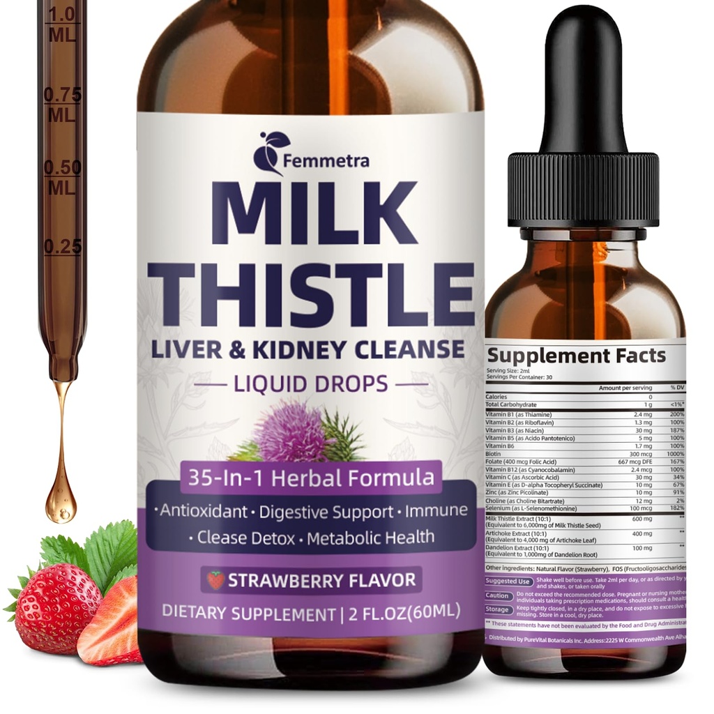 Estratto di cardo di latte Gocce liquide per il fegato Detox & Riparazione, 35-IN-1 supplemento di supporto del rene con carciofo & Dandelion per tratto urinario, vescica, Vegan, non OGM, aroma di fragola, 2 FL OZ