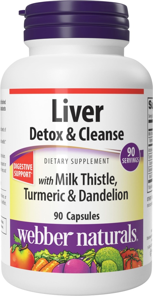 Webber Naturals Detox & Cleanse with Silymarin Milk Thistle, Artichoke, Turmeric and Dandelion Extract, 90 Capsules, Herbal Supplement, Digestive Support, Dairy & Gluten Free