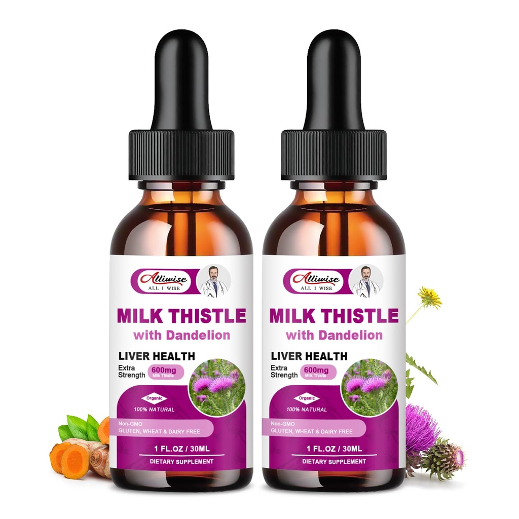 Supporto per la salute del fegato Liquido 2 Pack, 600mg Latte Thistle 80% Silymarin Extract & 250mg Dandelion Root Extract, Liver Cleanse Detox & Repair Fatty Liver Formula, Vegan, Non-GMO e All-Natural