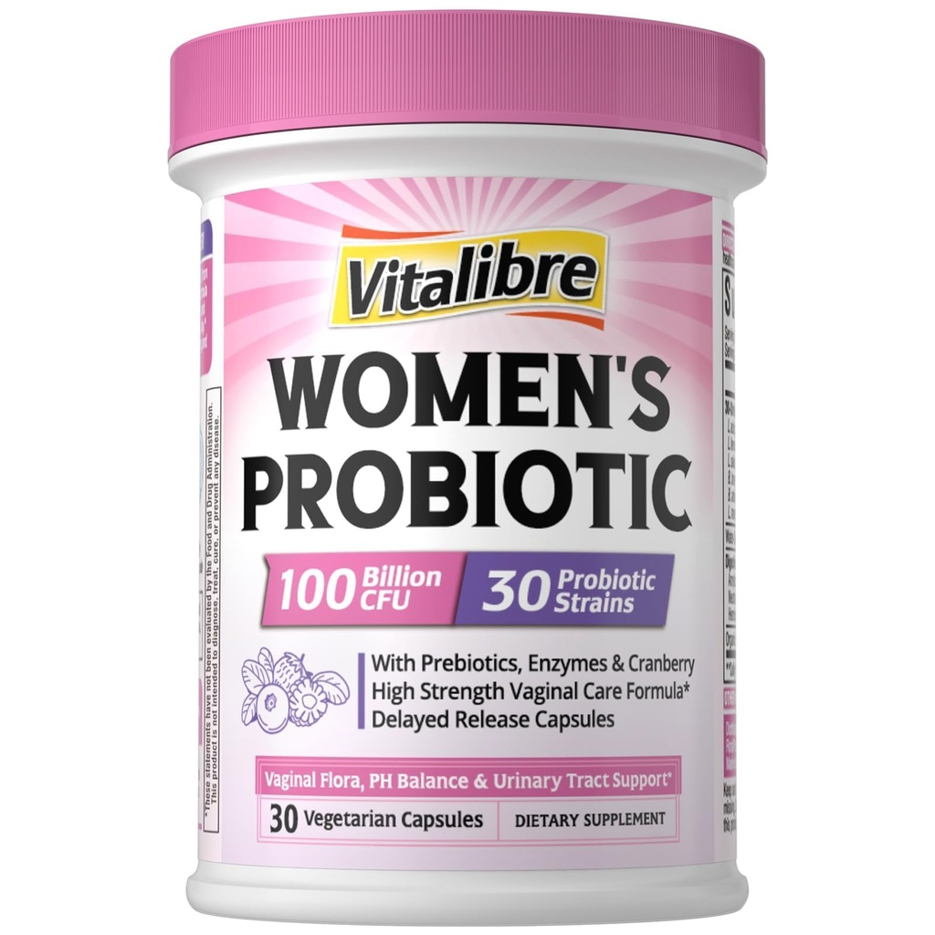 Probiotici Vitalibre per le donne 30 Strains, 100 miliardi di CFU Probiotici vaginali con enzimi digestivi, prebiotici e mirtillo per la salute del tratto urinario, pH Balance, 30 capsule vegetali
