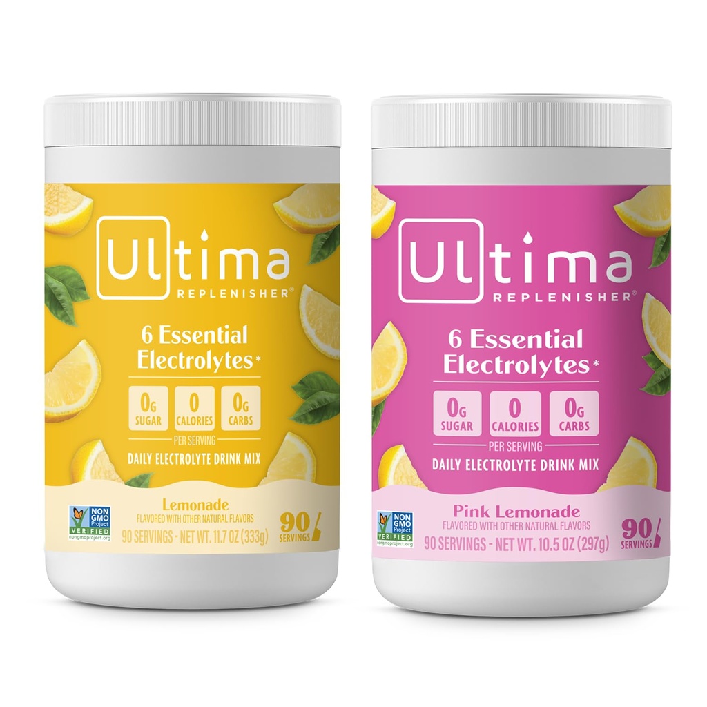 Ultima Replenisher Electrolyte Powder Drink Mix Bundle – Sugar Free – Limonata e Limonata Rosa, 90 Serve – Polvere di idratazione - 6 elettroliti chiave e minerali Trace – Keto Friendly, Non OGM