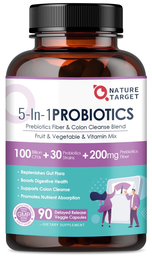 NATURA TARGET Probiotici per la salute digestiva delle donne, Mens-Womens Probiotici con prebiotici, 100 miliardi per la salute del fegato e dell'immunità, nessuna refrigerazione, 90 capsule vegetali (45 giorni di alimentazione)
