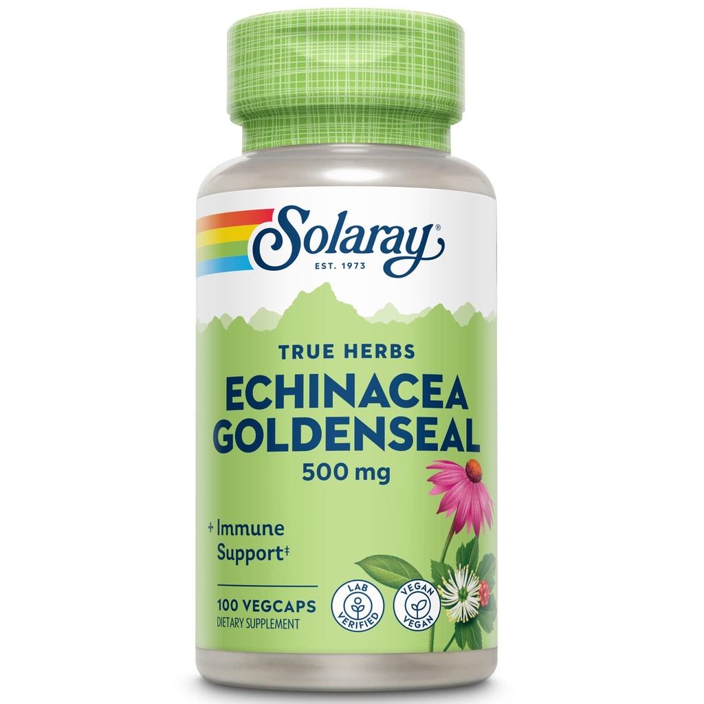 SOLARAY Echinacea Goldenseal - Potente miscela di due integratori di erbe per il supporto benessere - 250mg Ea Echinacea Root e Goldenseal Root - Non OGM, Vegan, Gluten Free, 60-Day Guarantee, 100 Servings