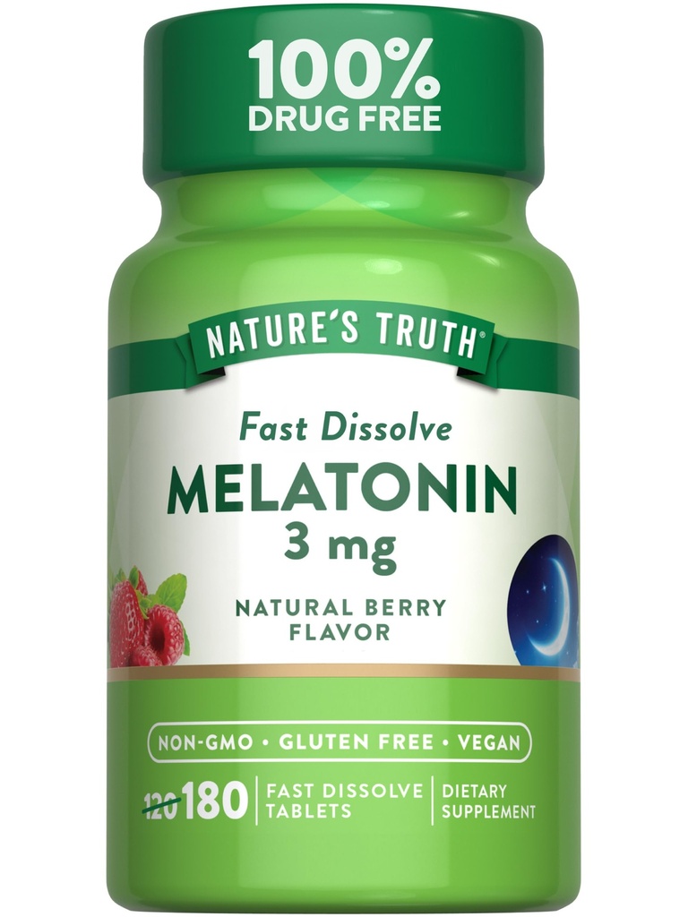 Verità Melatonina 3mg compresse dissolve veloci | 180 Conte | Natural Berry Flavor | Vegan, Non OGM & Gluten