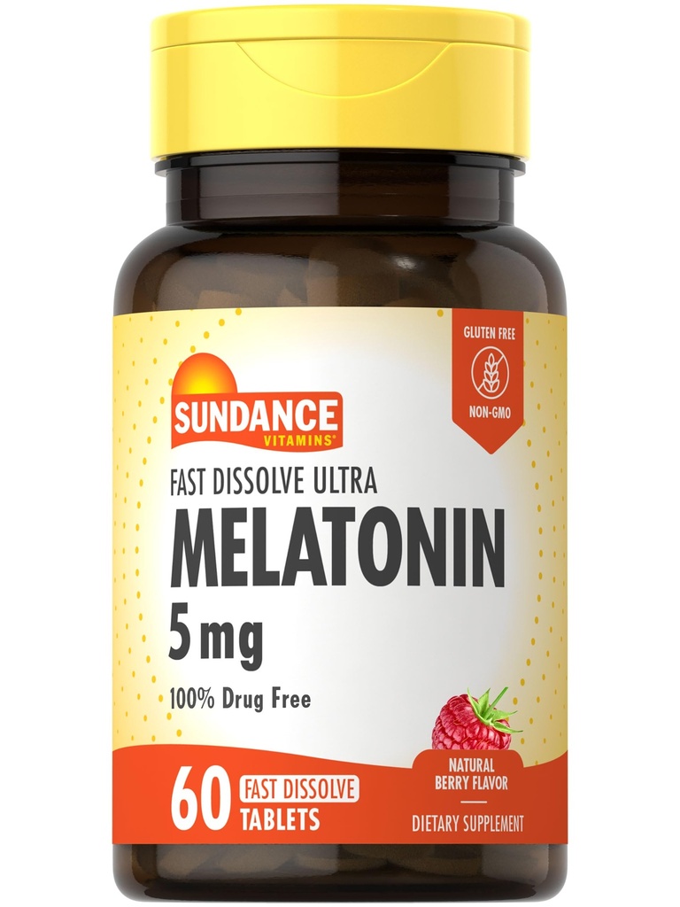 Sundance Melatonin 5mg compresse dissolve veloci | 60 conte | Natural Berry Flavor | Vegetariano, Non OGM e Gluten