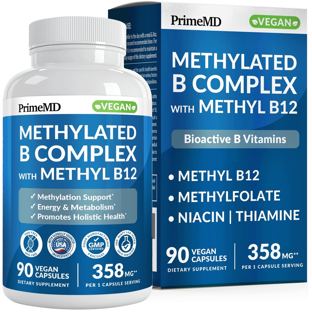 Complesso B etilato con Methylfolate e B12 Methylcobalamin 1000 mcg - Multivitaminico metilato per energia, funzione del cervello e benessere - Vitamina B Complesso per uomini e donne (90 Serve) (Pacchetto di 1)