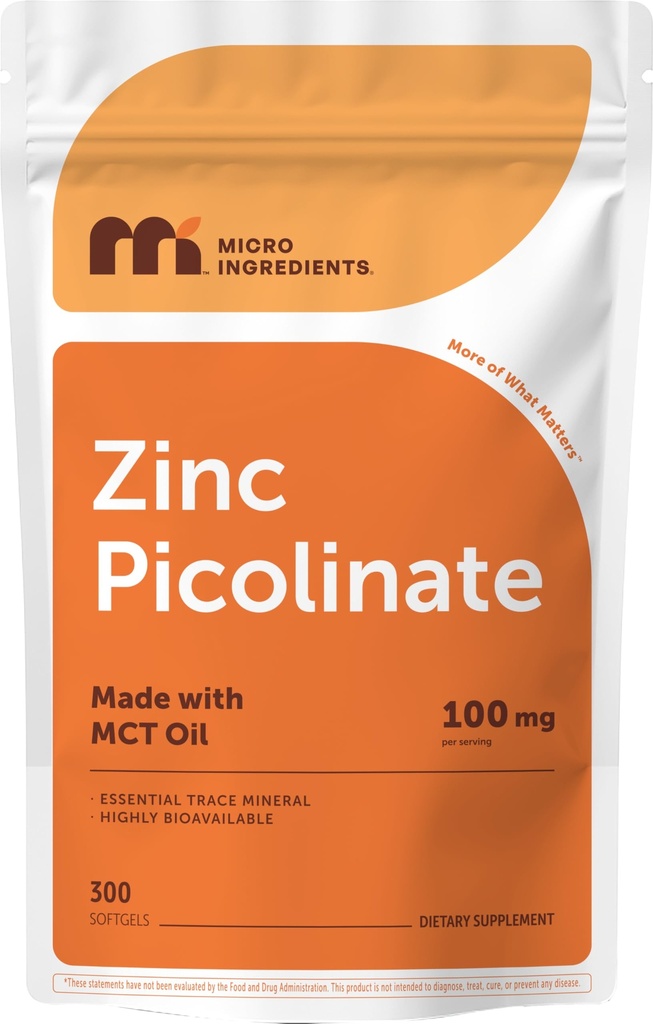 Micro Ingredienti Zinc Picolinate 100 mg Per Serving, 300 Softgels | Supplemento di zinco per le donne e gli uomini | Realizzato con olio MCT | Non OGM