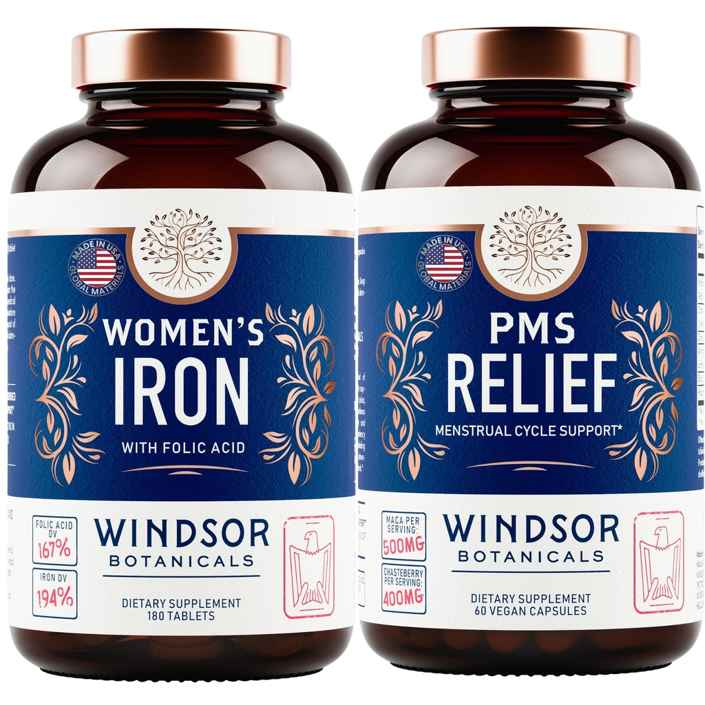 WINDSOR BOTANICALs Supplemento di ferro e Bundle di sollievo PMS per le donne