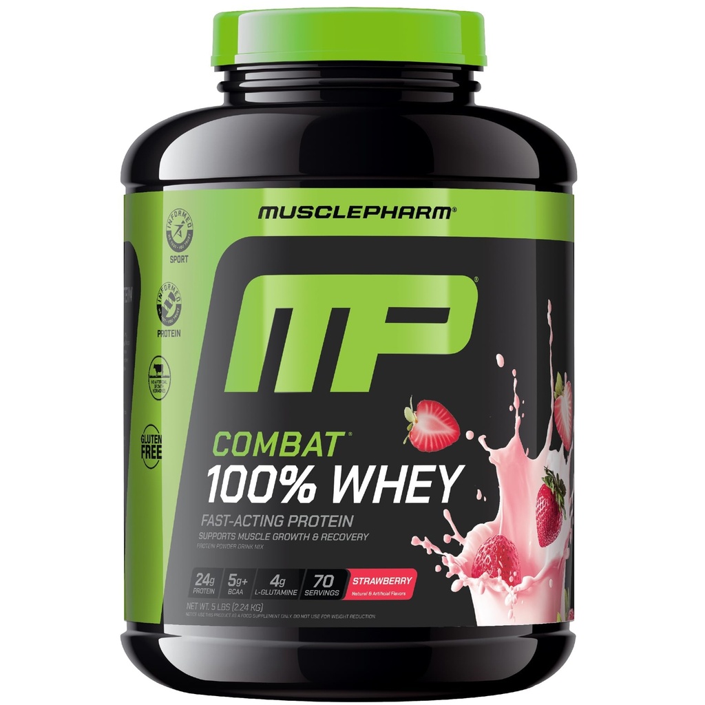 MusclePharm Combat 100% polvere di proteine del siero di latte, aroma di crema di fragole, recupero rapido e guadagno muscolare con isolato di proteine del siero di latte, polvere di proteine per le donne e gli uomini, senza glutine, 5 lb, 70 Servings