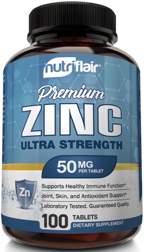 NutriFlair Zinc Gluconate 50mg, 100 compresse - Pillole di supplemento di Booster del sistema immunitario di alta potenza, Difesa dell'immunità, Antiossidante naturale potente, Non OGM, Confronta con picolinato di zinco, citrato, ossido
