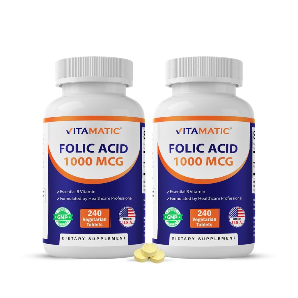 Vitamatic Folic Acid 1000 mcg (1 mg) – 240 Vegetarian Tablets (Pack of 2) 1667 mcg DFE – Vitamin B9 for Prenatal, Heart & Cellular Health