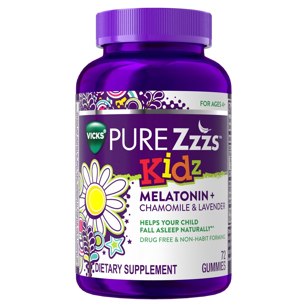 PURE Zzzs Kidz, Kids Melatonin Gummy, Sleep Aid, Bassa quantità di melatonina per bambini, con camomilla e lavanda, Melatonina 1 mg, Melatonin Gummies Kids, Berry Flavored, 72 Sleep Gummies