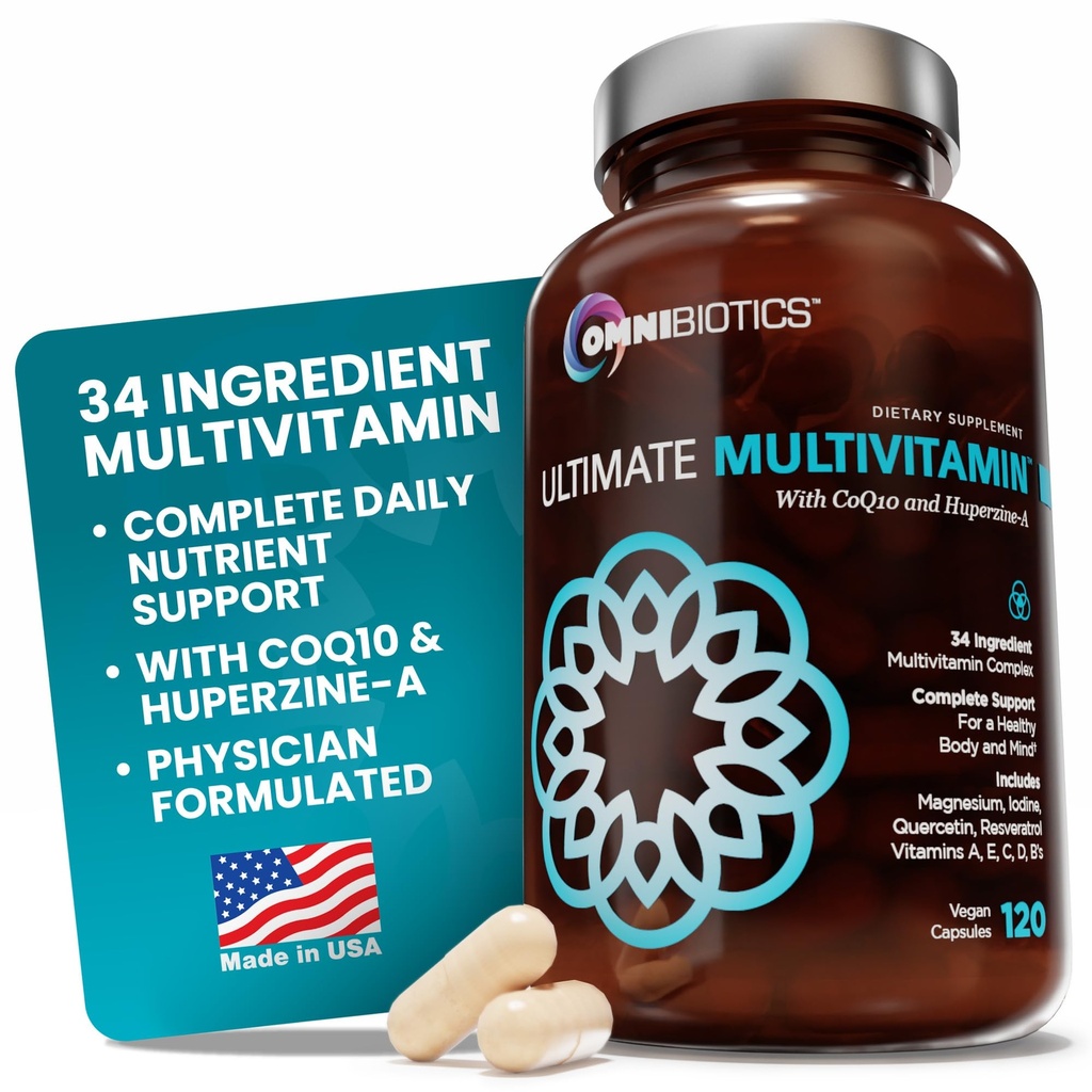 OmniBiotics Ultimate Daily Multivitamin per le donne & uomini – 34 Ingredienti essenziali tra cui vitamina A, C, D, E, B6, B12, Biotin, Zinco – 120 capsule vegane