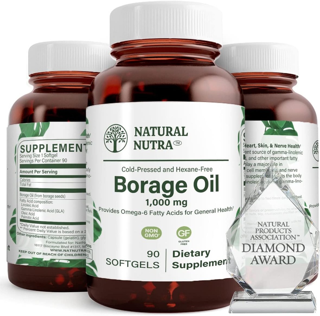 Integratore di olio di borragine naturale – Ricco nell'acido gamma-linolenico (GLA), un potente acido grasso essenziale Omega-6 noto per la pelle di sostegno, Nerve e Joint Health 90 Softgels.