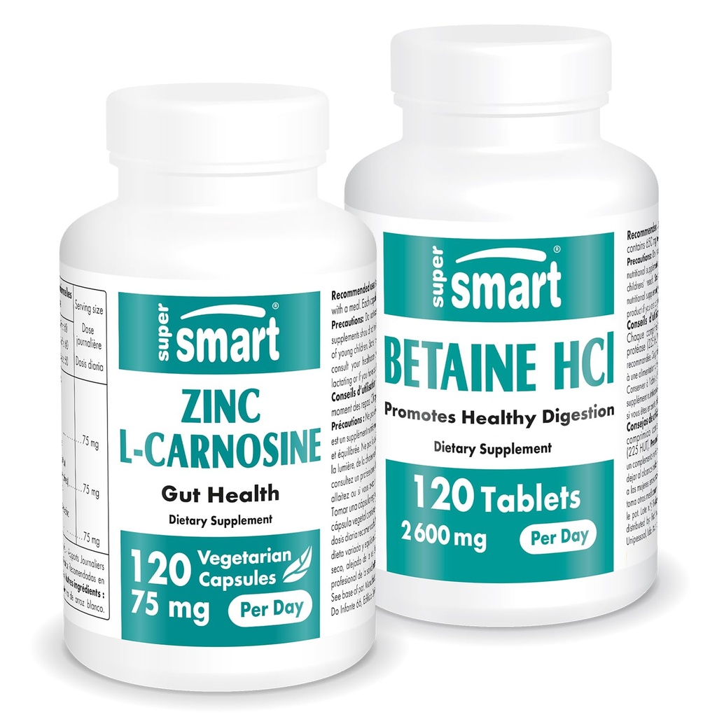 Supersmart - Zinc L-Carnosine + Betaine HCl Bundle (Gastric Health) | Non-GMO & Gluten Free - Capsule Vegetariani