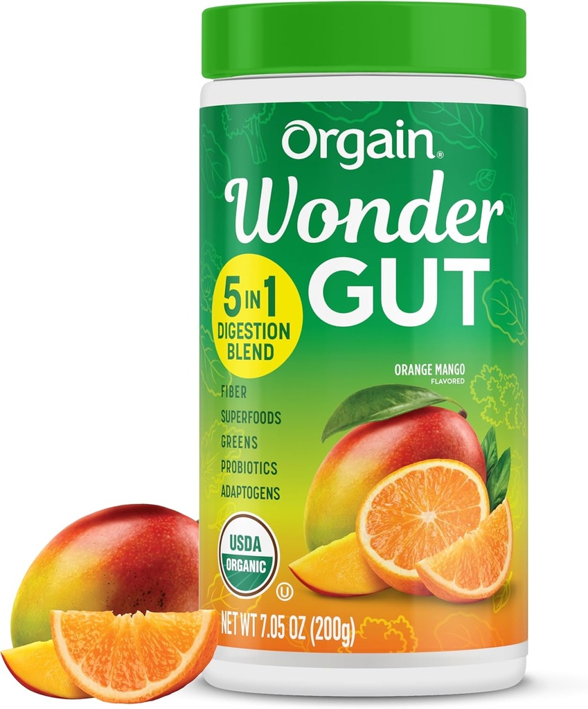 Orgain Organic Wonder Gut Fiber Supplement Powder, 5 in 1 Blend con 1 miliardo di Probiotici, Verdi, Vitamina C, Adaptogens for Gut Health and Immune Support, Non-GMO, Orange Mango, 7,05 oz