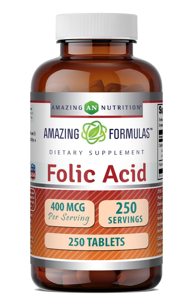 Amazing Formulas Folic Acid (Vitamin B9) 400 mcg | Tablets Supplement | Non-GMO | Gluten Free | Made in USA (1 Pack, 250 Count)
