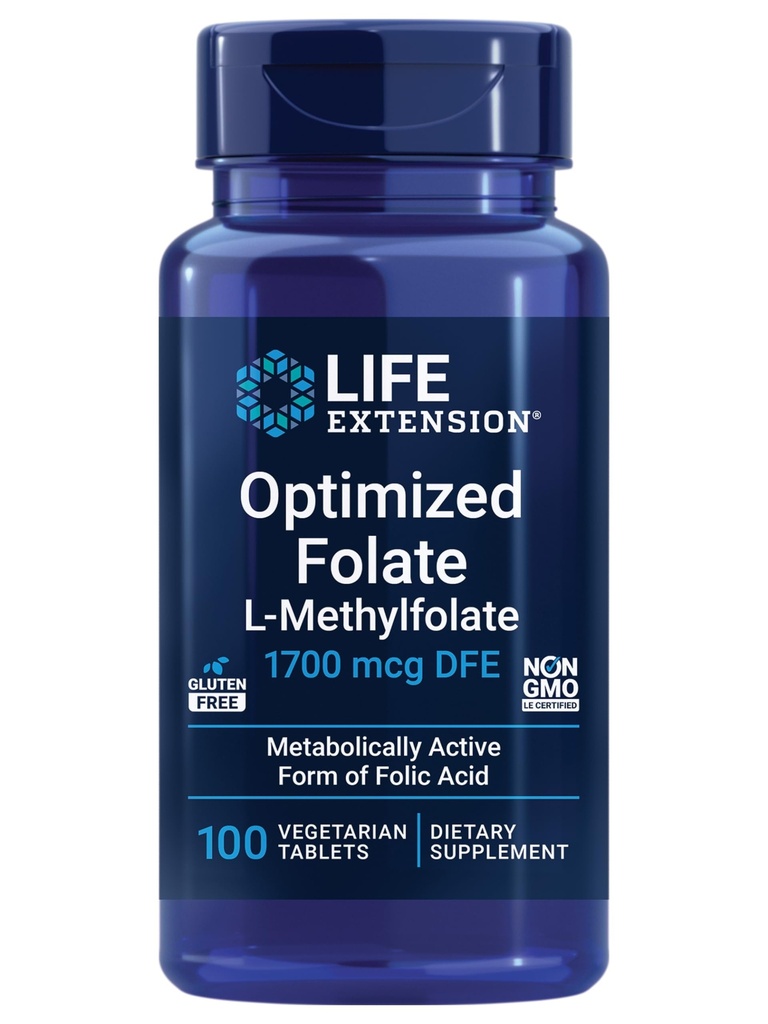Folato ottimizzato per la vita – L-metilfolato – Supporto per il cuore e il cervello, Livelli di omocisteina sani – Non OGM, Senza glutine, Vegetariano – 1700 mcg DFE, 100 compresse vegetariane