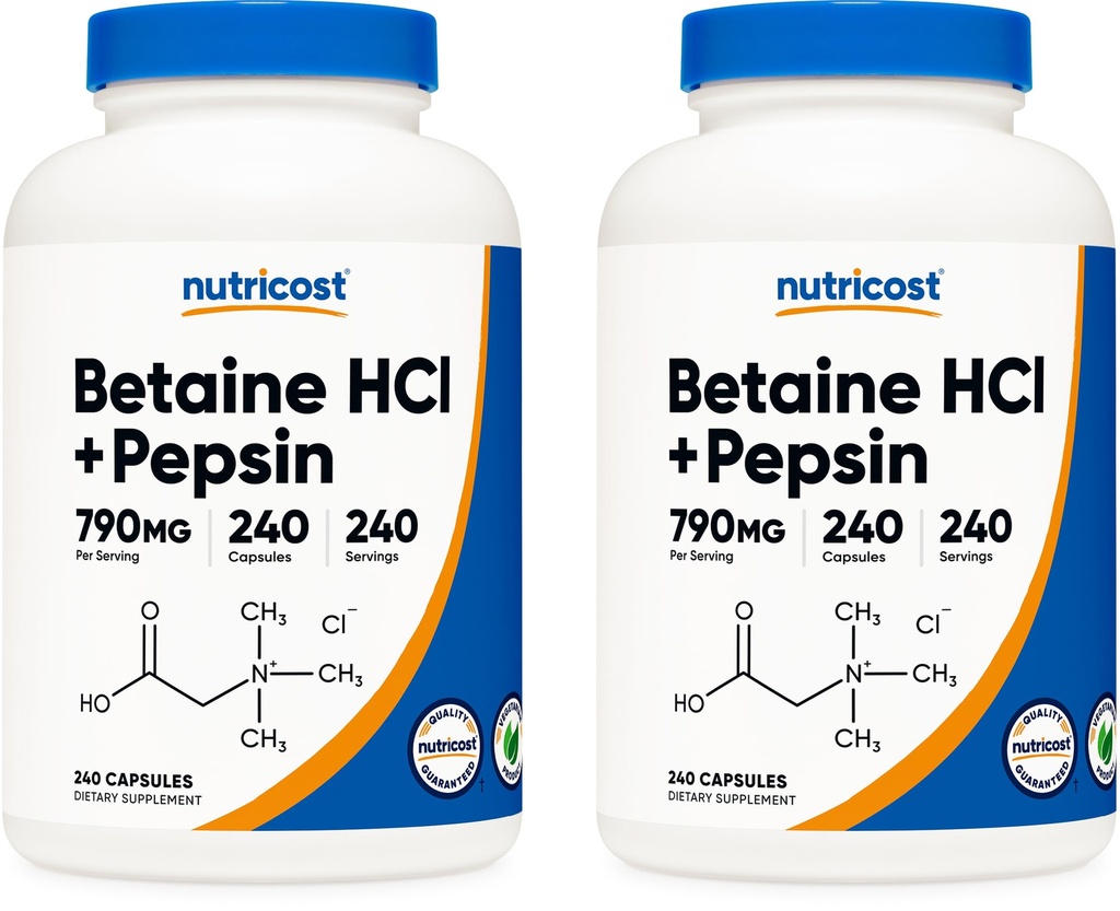 Nutricost Betaine HCl + Pepsin 790mg, 240 capsule, 2 bottiglie (480 capsule)