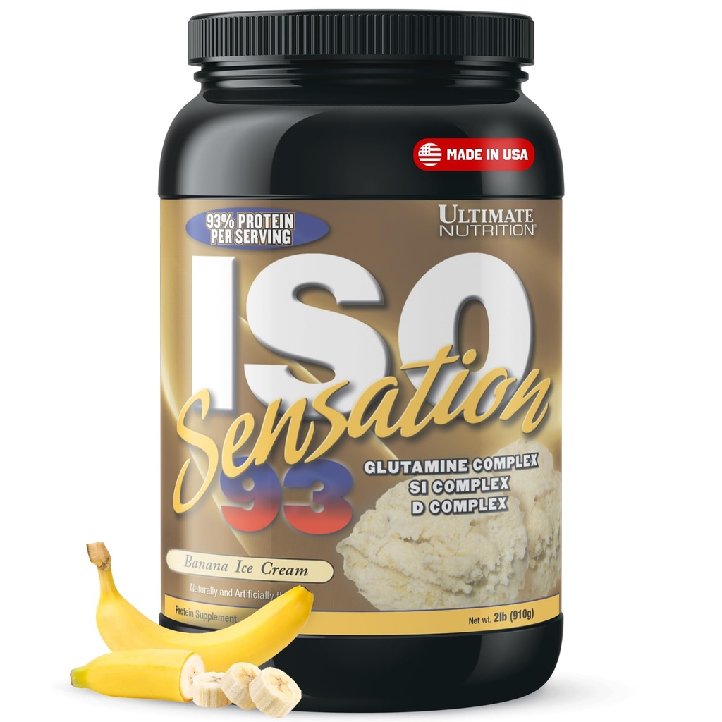 Ultimate Nutrition Whey Protein Isolate Powder with Glutamine Complex, ISO Sensation 93 - Whey Protein Powder with Aggiunto Colostrum for Enhanced Recovery, Immunity & Gut Health - Banana, 2lbs