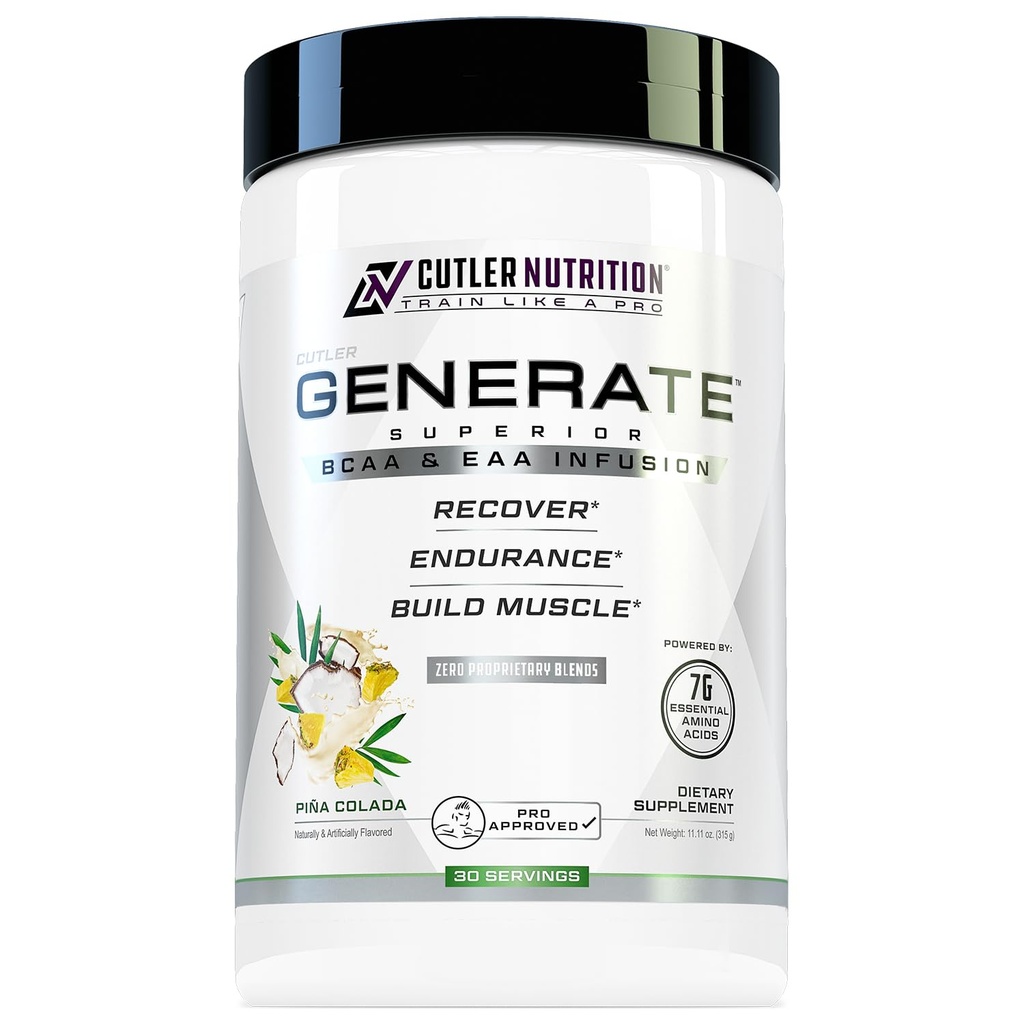 Cutler Nutrition Genera EAA e BCAA Polvere: Miglior catena ramificata Aminoacidi Supplemento con aminoacidi essenziali, 5g BCAA, 2g EAA per massa muscolare magra | Pina Colada, 30 Serve
