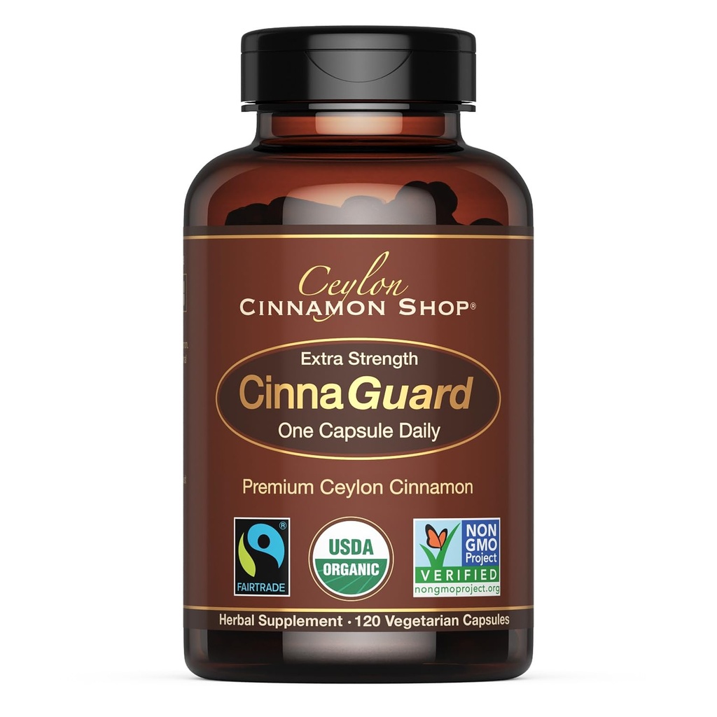 Ceylon Cinnamon Shop CinnaGuardTM Organic Ceylon Cinnamon Supplemento 2500mg per Capsule | Extra Strength | 4 Mese di alimentazione | 120 Conte - Non OGM & Gluten Antiossidante Libero