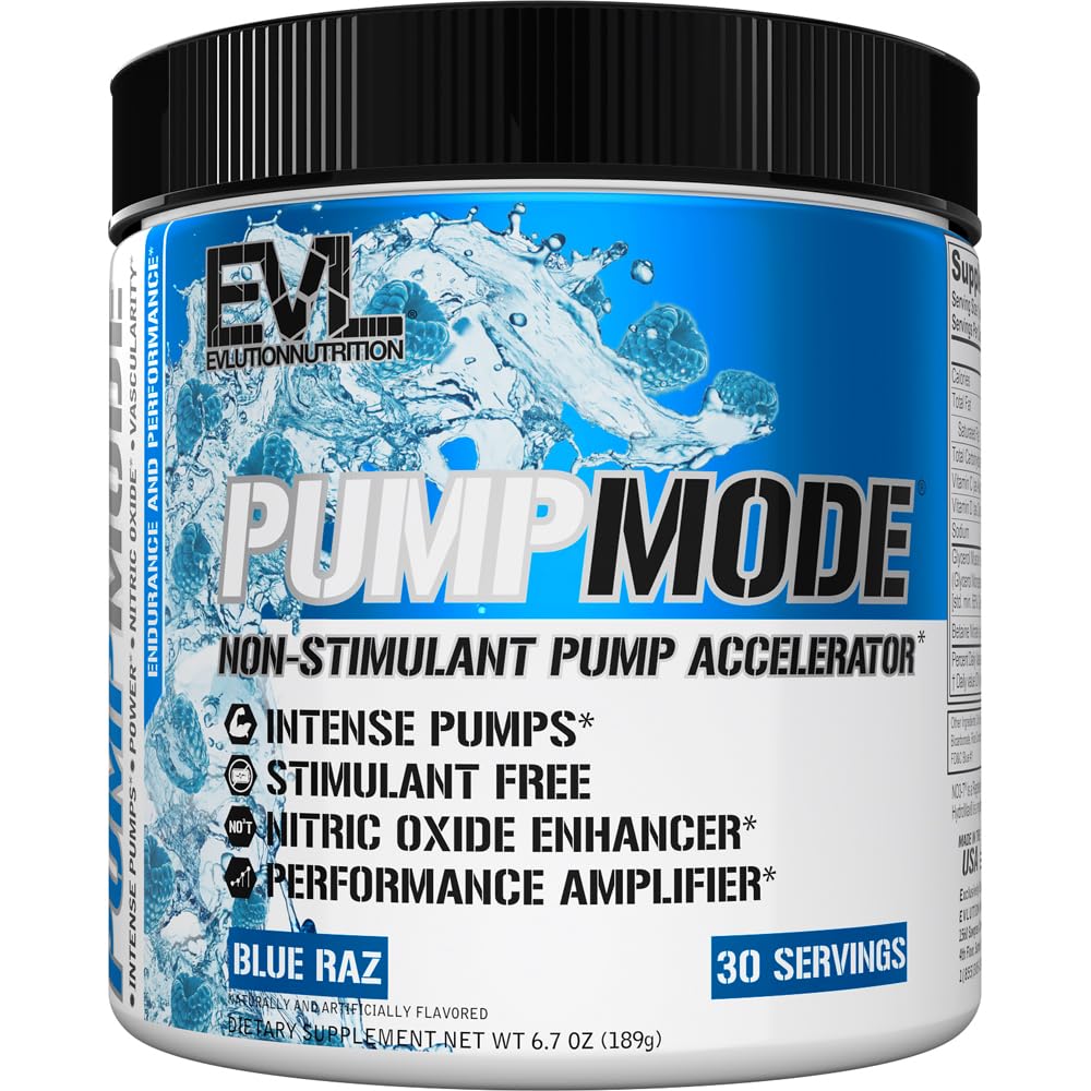 EVL PumpMode Nitric Oxide Supplemento - Nitric Oxide Booster Pump Pre polvere di allenamento con glicerolo e betaina per la crescita di recupero del muscolo e l'eccedenza - Stim Free Pre Workout Drink (Raz blu)