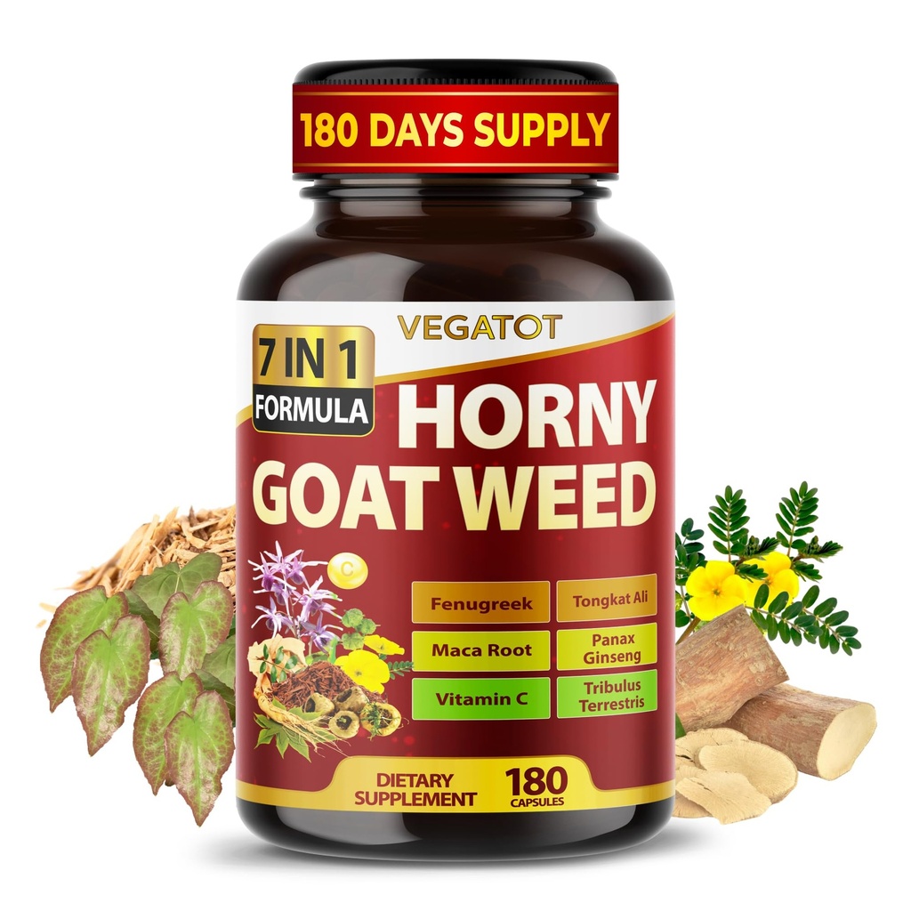 Horny Goat Weed 600 mg con Yohimbine, Tongkat Ali, Maca, Tribulus & Panax Ginseng – 8-in-1 resistenza & Vitality Support – 180 capsule – Vegatot – senza glutine, Lab verificato