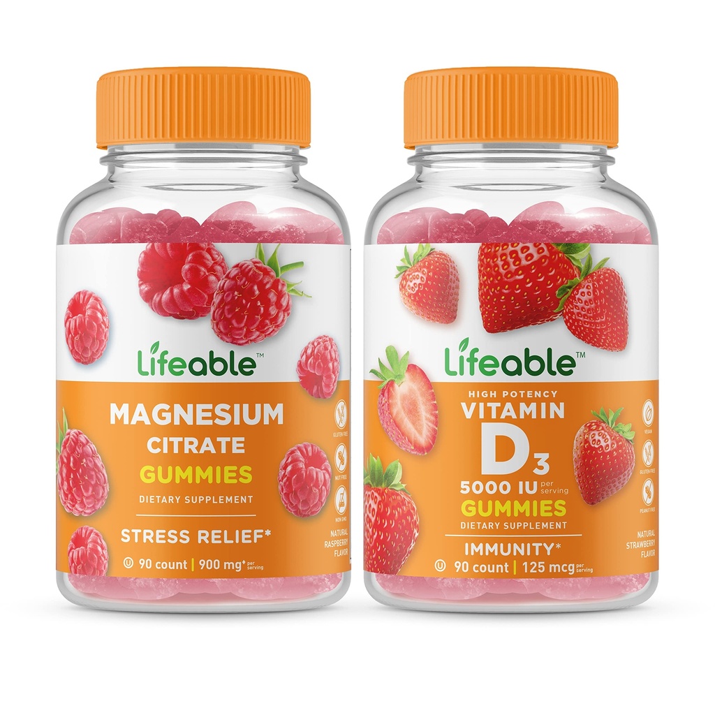Magnesio vitale + Vitamina D 5000 IU, Gummies Bundle - Grande degustazione, Supplemento alla vitamina, Senza glutine, OGM libero, pancia masticabile