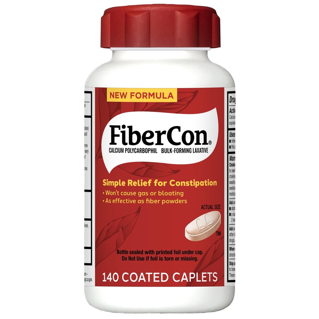 FiberCon Fiber Terapia Coated Caplets, Sicuro, Semplice e Confortevole Fibra Insolubile per Bowel Irregularity, Comodo Rilievo di costipazione senza Gas o Bloating, 140 Capelli