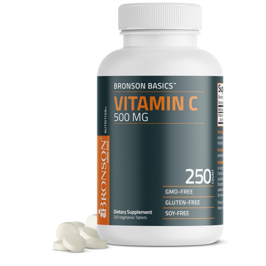 Bronson vitamina C 500 MG supporta un sistema immunitario sano e protezione antiossidante, non OGM, 250 compresse vegetariane