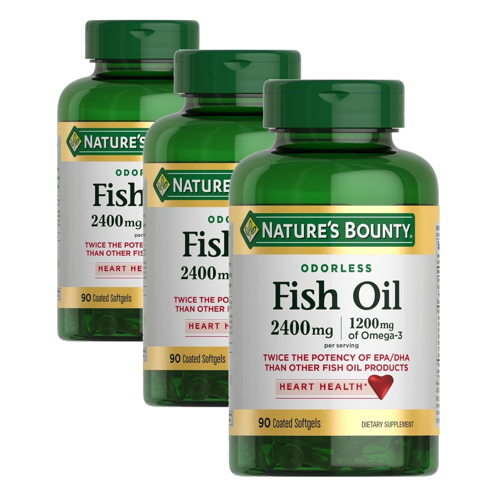 Bounty Odorless Fish Oil, 1200mg Omega-3 per Serving Compreso EPA & DHA, Supporta la salute del cuore, Purificato per eliminare mercurio, Softgels coated,Gluten Free,No Shellfish, 90 Count, (Pack of 3)