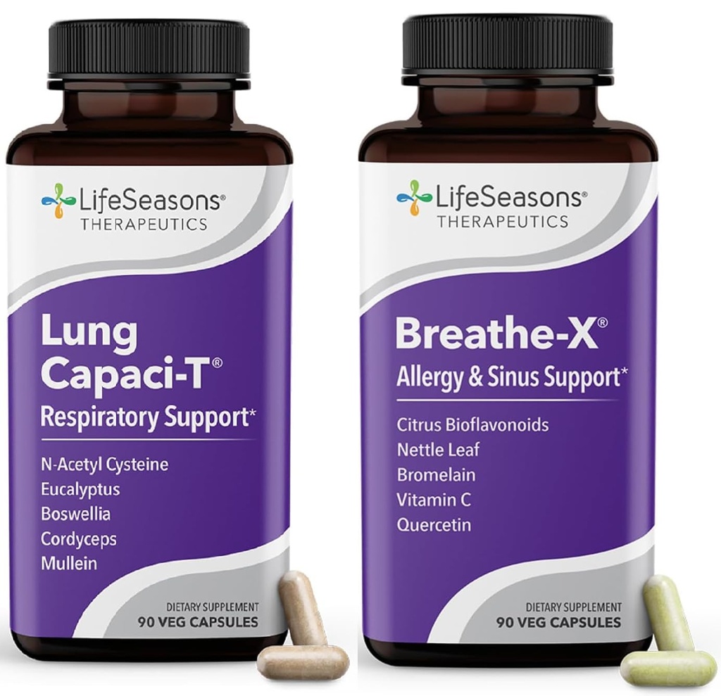 LifeSeasons Breathe-X con Capaci-T polmonare - Allergy & Respiratory Support - Relief Sinus ad azione rapida - Aumenta la capacità di ossigeno & riduce il muco - 180 capsule