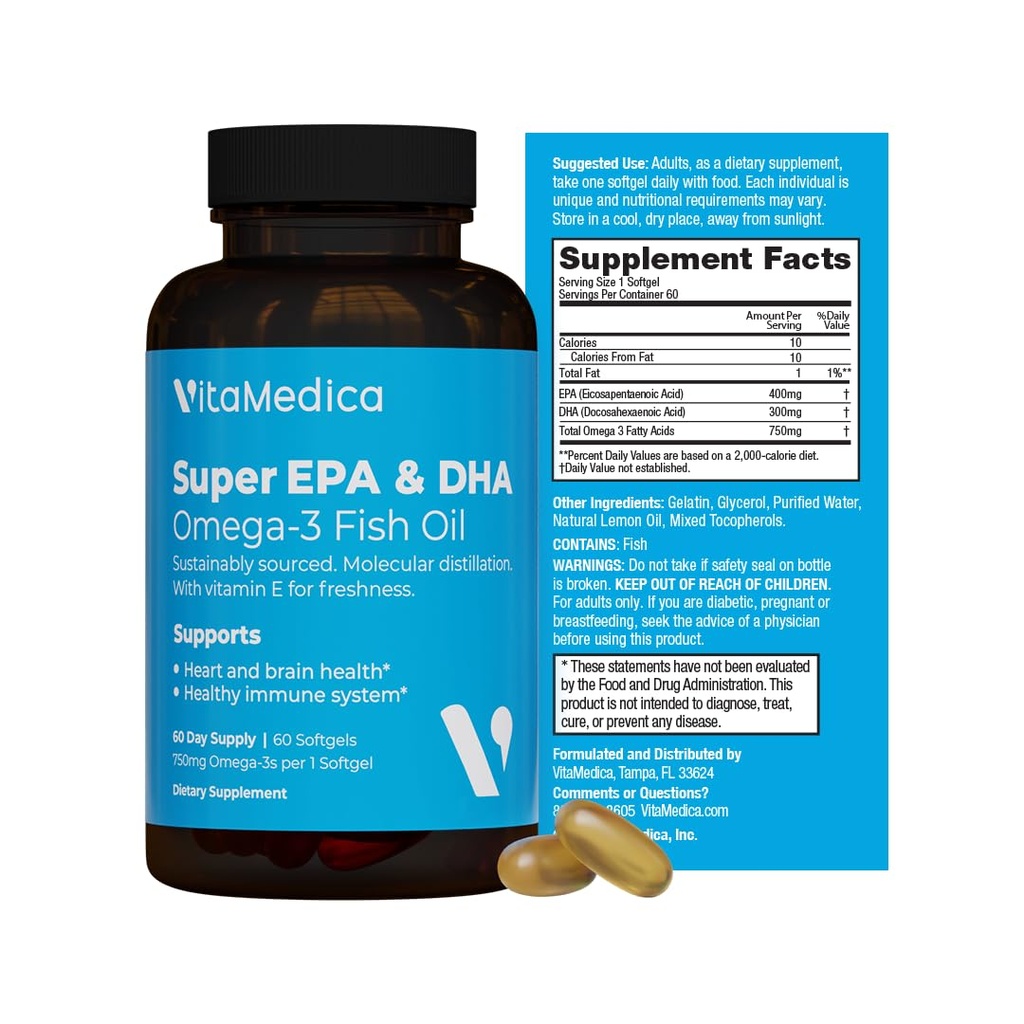 Alta potenza, Super EPA/DHA Fish Oil 750mg di acidi grassi essenziali Omega-3 | EPA & DHA | salute del cuore, salute del cervello, salute del sistema immunitario