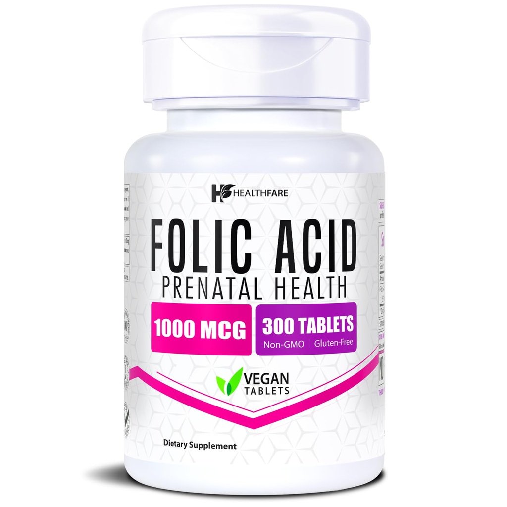 Healthfare Folic Acid 1000mcg | 300 compresse di Veg | Vitamina B9 | Gluten-Free | Non-GMO | Made in USA