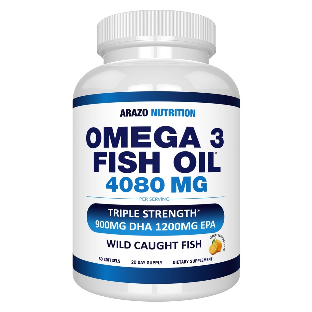 Arazo Nutrition Wild Caught Omega 3 Fish Oil – 60 Gel Morbidi – 4,080mg Alto EPA 1200mg DHA 900mg Limone Flavor Burpless Softgels