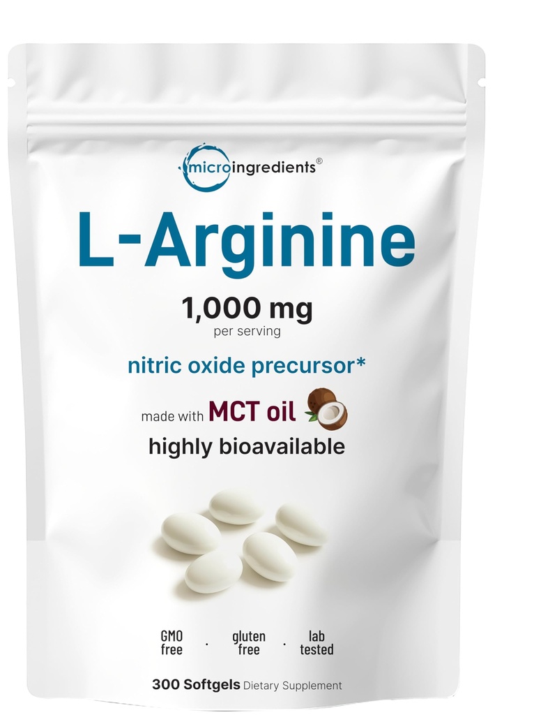 Micro Ingredienti L-Arginina 1000mg con olio MCT, 300 Softgels | Precursore di Ossido Nitrico* per gli uomini e le donne | Formula di aminoacido ad alta resistenza per il benessere quotidiano | Non OGM, Gluten Free, No Soy